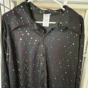 Dreamguy Men's Black Rainbow Holographic Sequin Long Sleeve Satin Button Down L